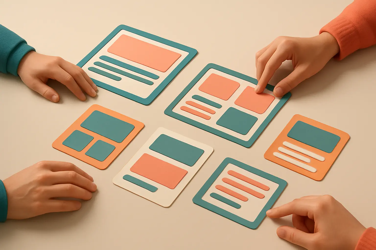Hands arranging paper website templates on a table, illustrating website building choices