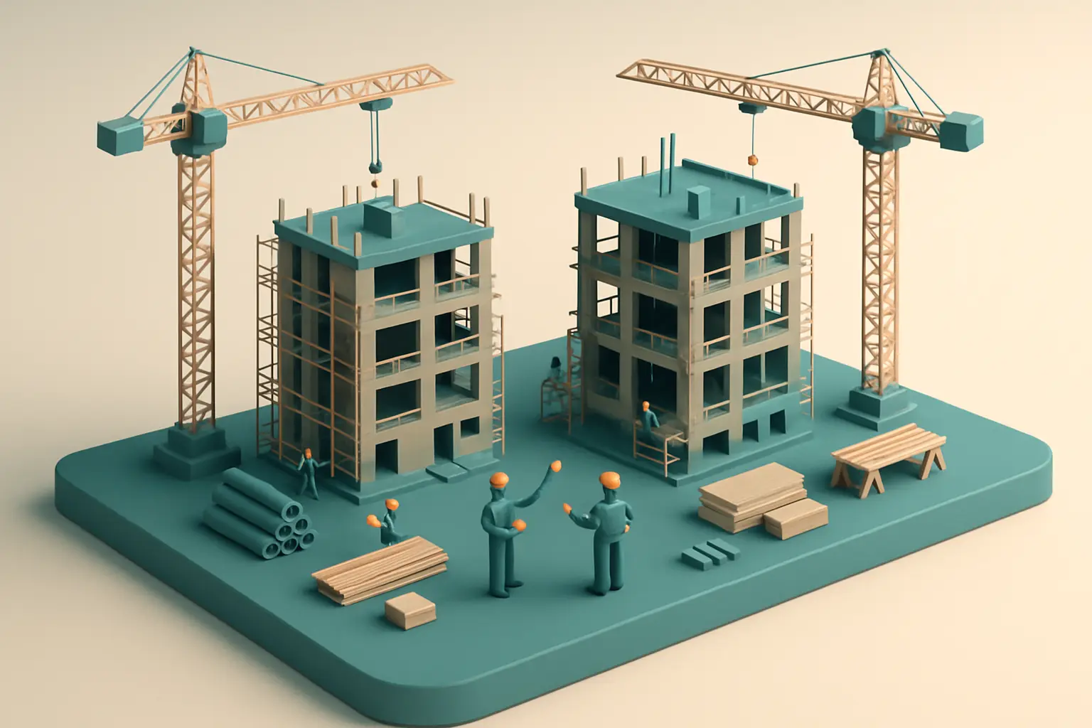 Miniature construction site with tiny workers comparing two half-built buildings side by side