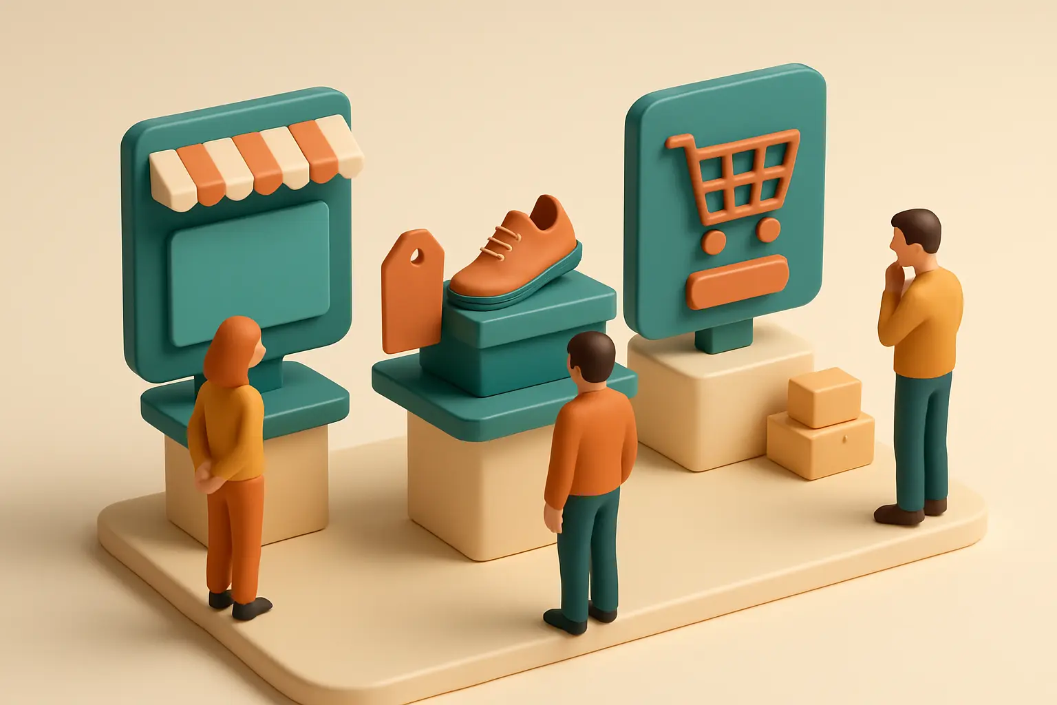 Miniature diorama of three shopping platform displays with tiny figures choosing between them