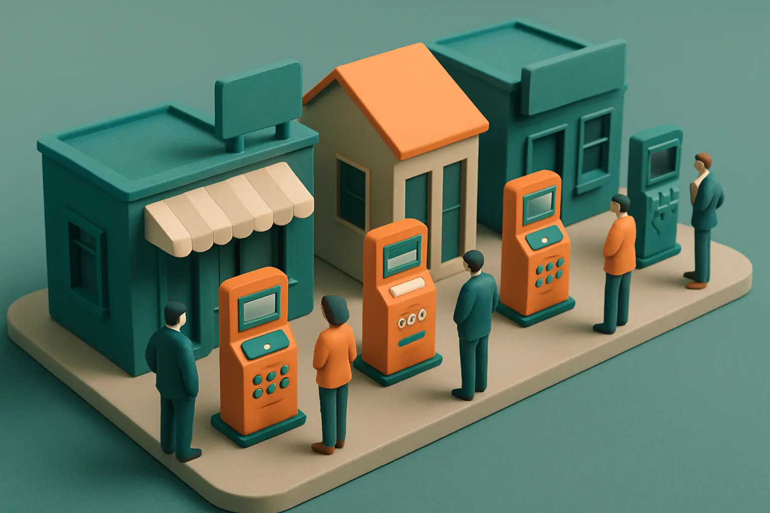 Miniature storefronts with tiny payment machines and business figures evaluating them