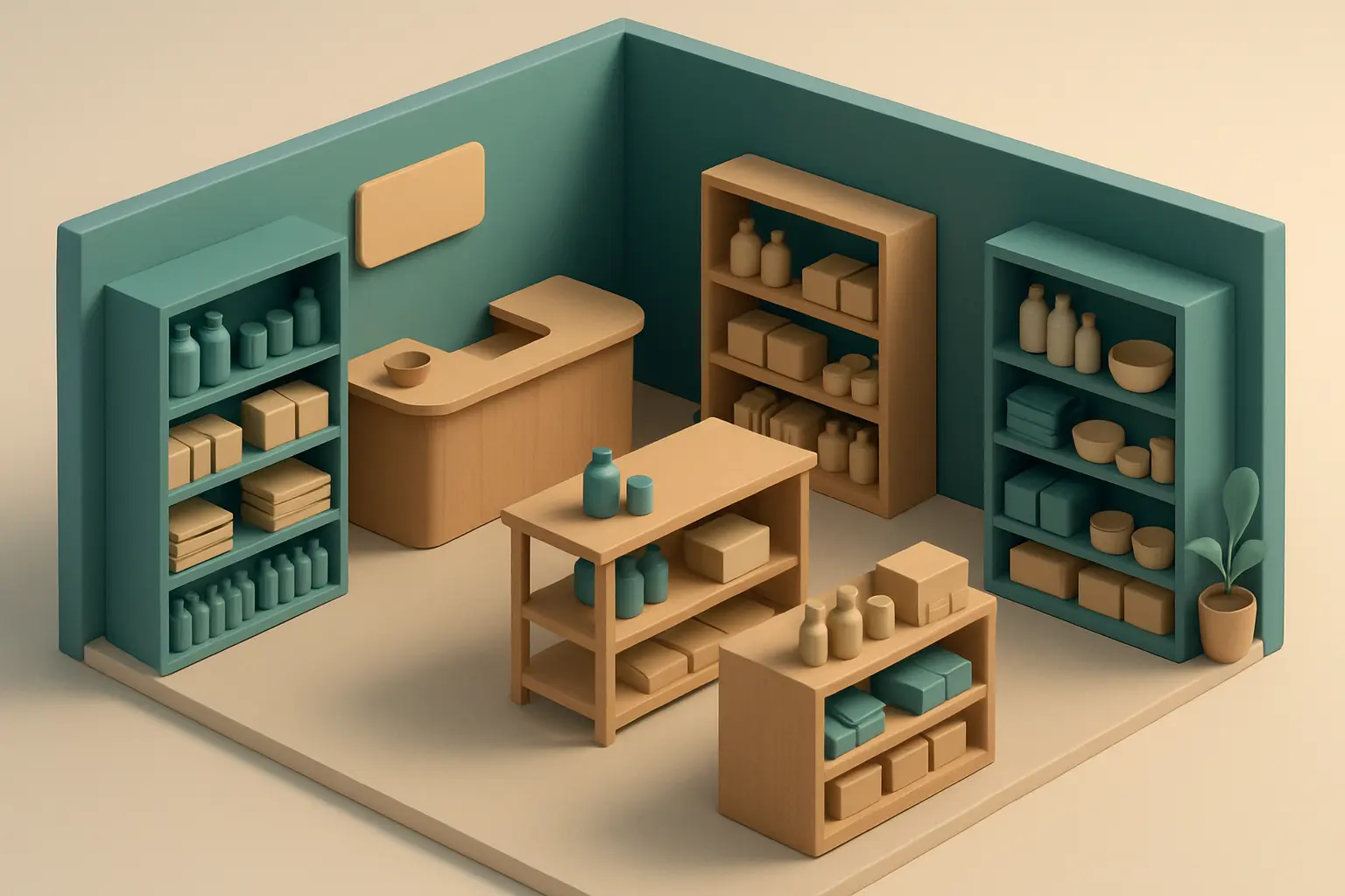 A neatly arranged retail shop interior with shelves and product displays in soft lighting.