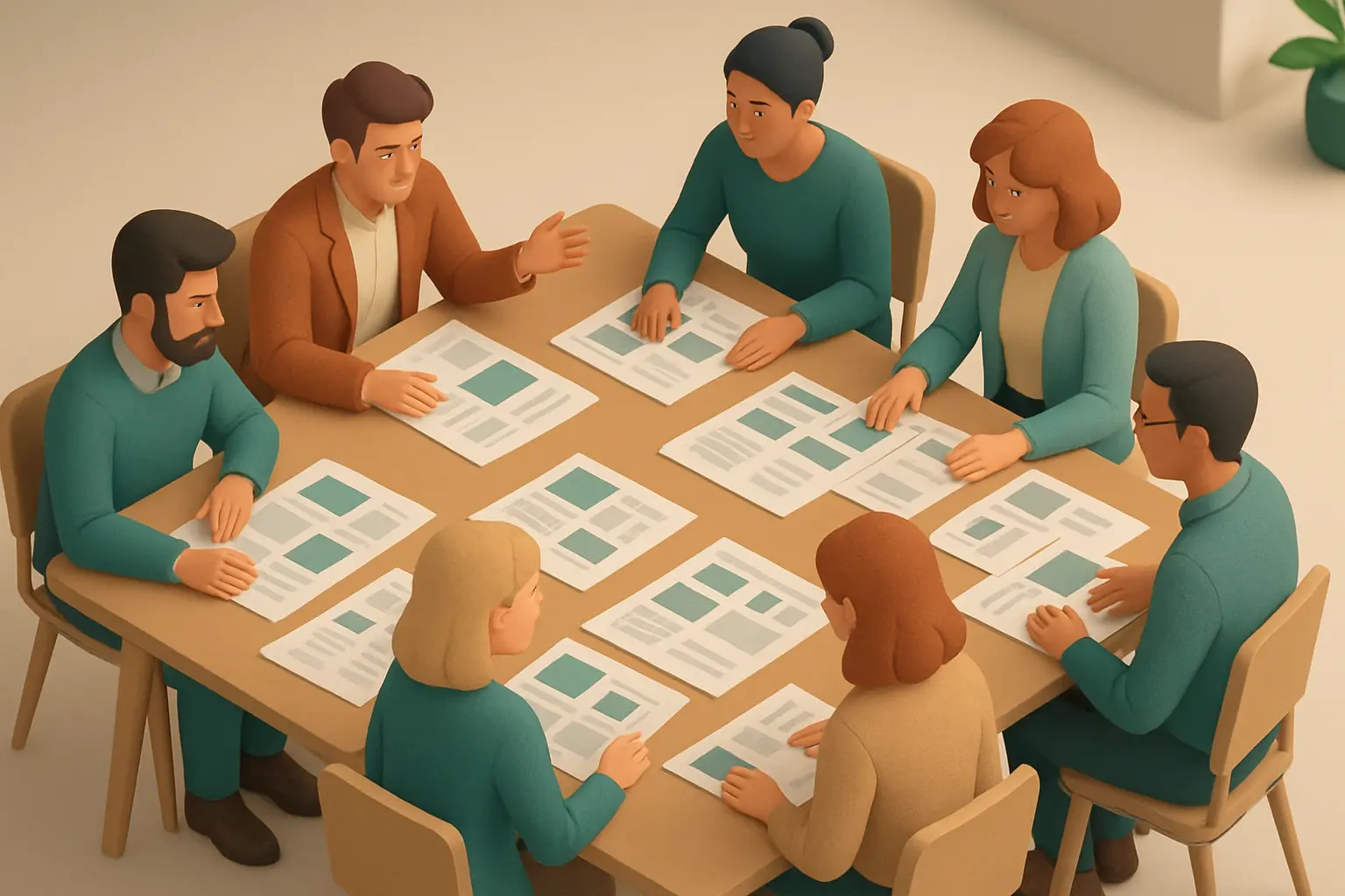 People examining agency selection documents together at a table in a bright office setting