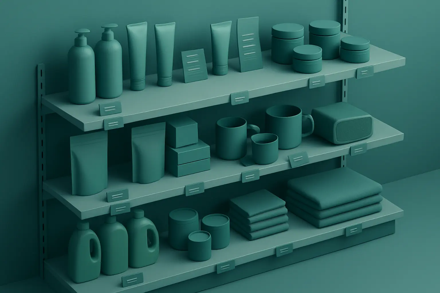 Store shelves displaying various products with price tags and feature labels