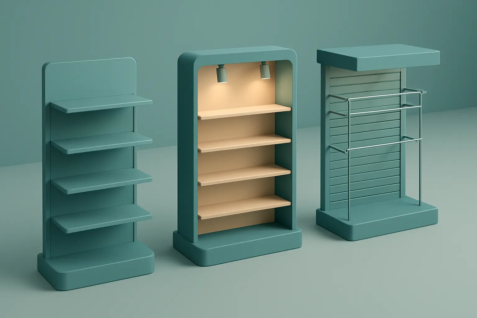 Three different product display stands showing various shop features in a modern retail space