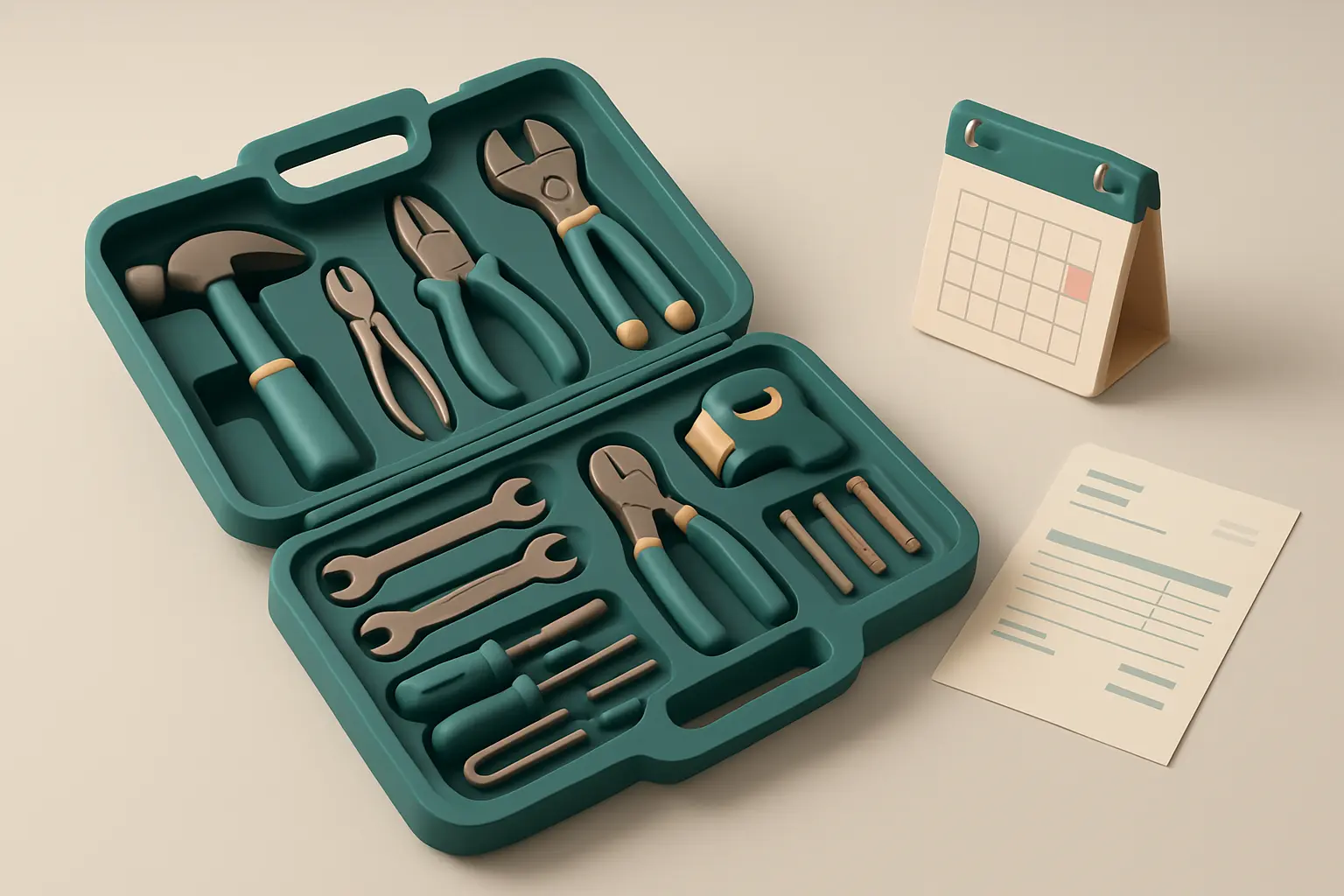 A toolkit with hand tools, an invoice, and a calendar arranged on a plain surface