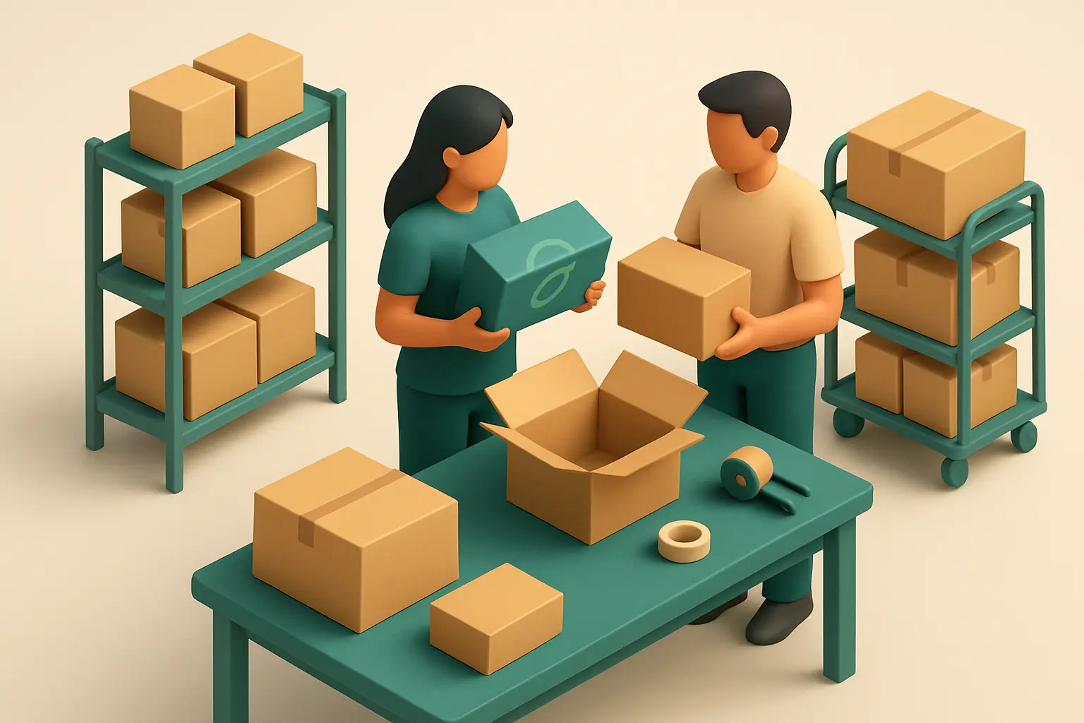 Two workers at a packing station compare custom and standard product packaging options.