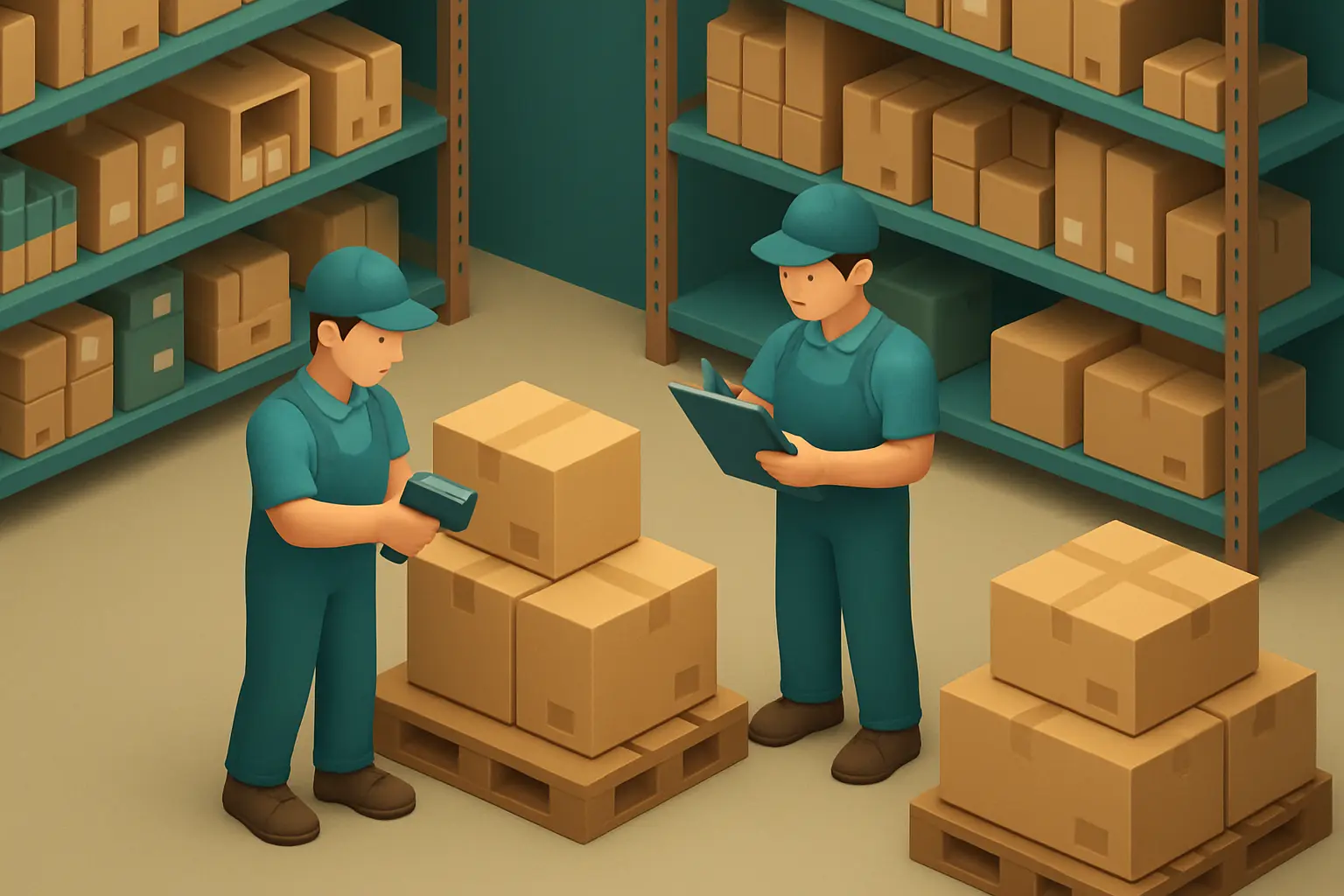 Two workers in a warehouse loading area checking and scanning boxes near stocked shelves.
